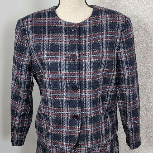 Charter Club Women's 12/14 Vintage 100% Wool Classic Retro Navy Plaid Skirt Suit - Picture 6 of 16